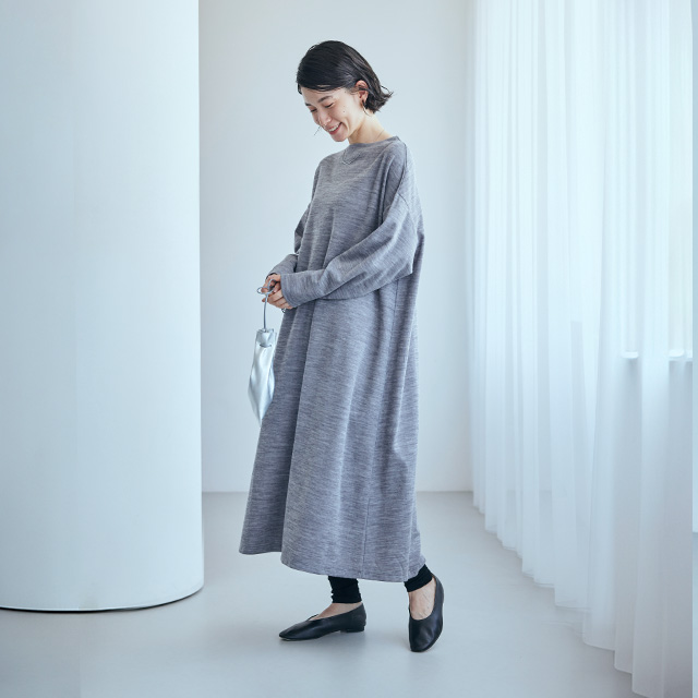【WEB限定】綿ウール接結のロングワンピース グレー