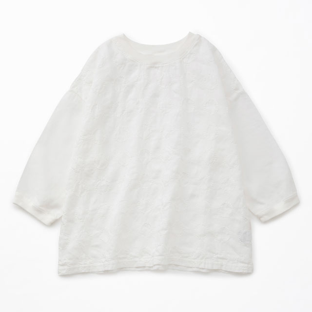 丸紋刺繍の麻布Ｔシャツ	白