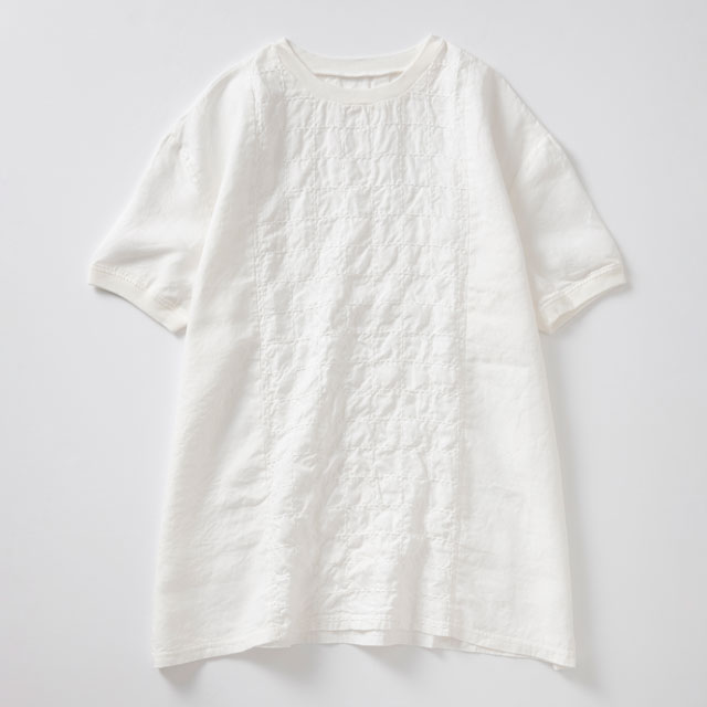 格子刺繍の麻布Ｔシャツチュニック	白