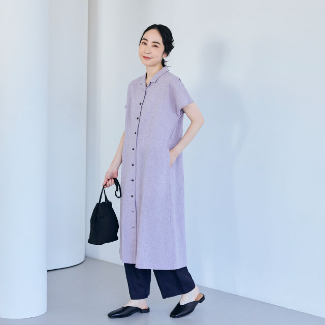 綿麻のちりめん織　開襟ワンピース