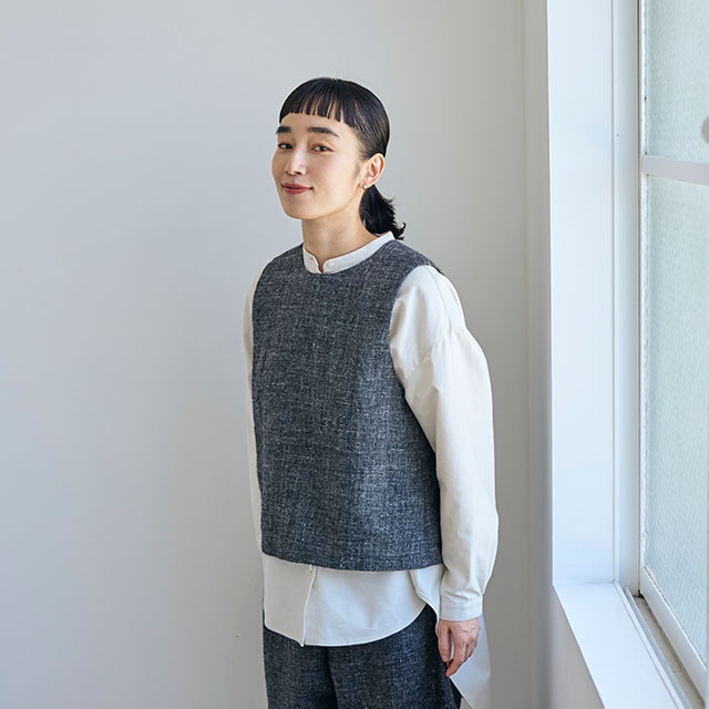 麻とウールツイード かぶりベスト