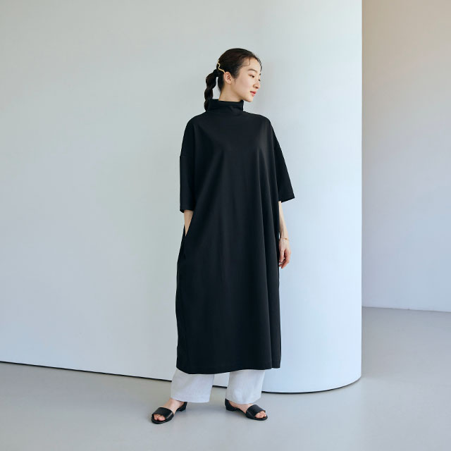 強撚綿のワイドワンピース　七分袖