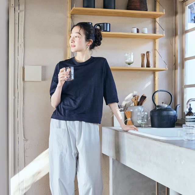 麻の天竺編み プルオーバー 五分袖