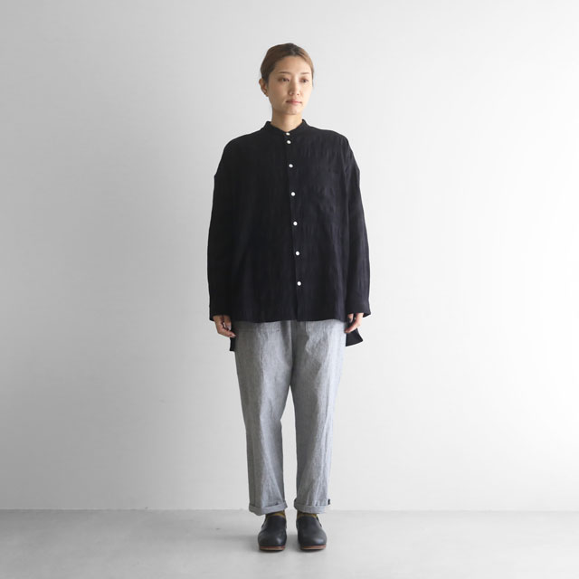 柄二重織シャトルジャガードバンドカラーオーバーシャツ ミストグレー ユニセックス