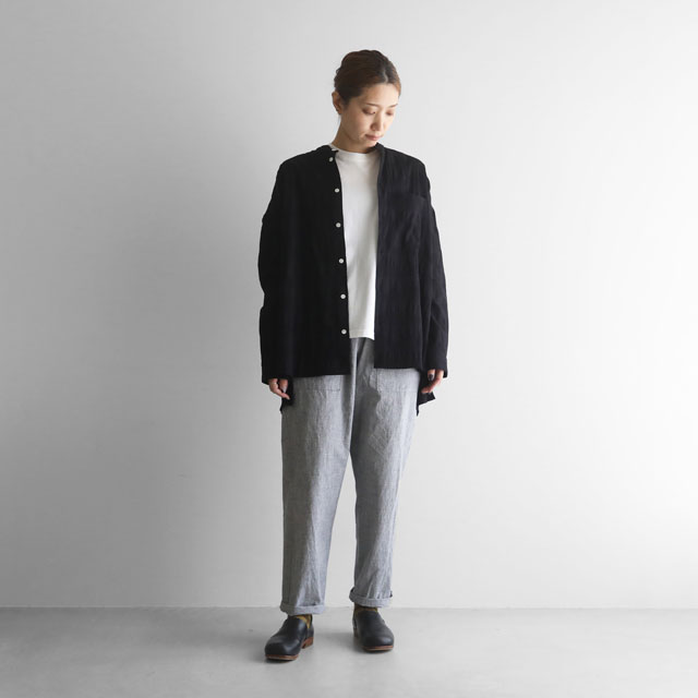 柄二重織シャトルジャガードバンドカラーオーバーシャツ ミストグレー ユニセックス