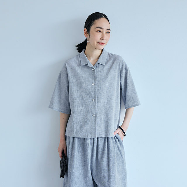 綿麻のちりめん織　開襟ブラウス