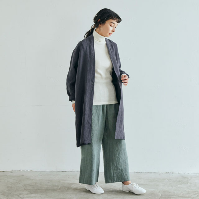 【WEB限定】厚手麻のワイドパンツ　青緑