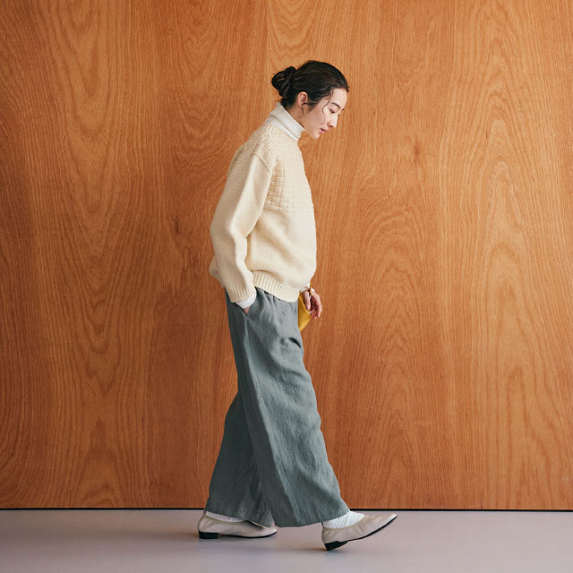 【WEB限定】厚手麻のワイドパンツ　青緑
