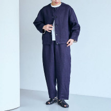 リネンデニムのワイドテーパードパンツ