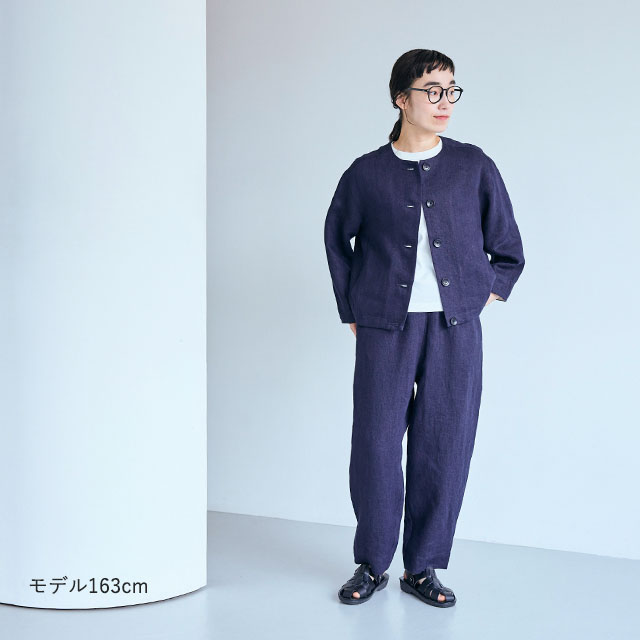 リネンデニムのワイドテーパードパンツ