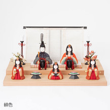 【予約商品】手織り麻の木目込み雛飾り　五人飾り　背景（几帳）・素木台