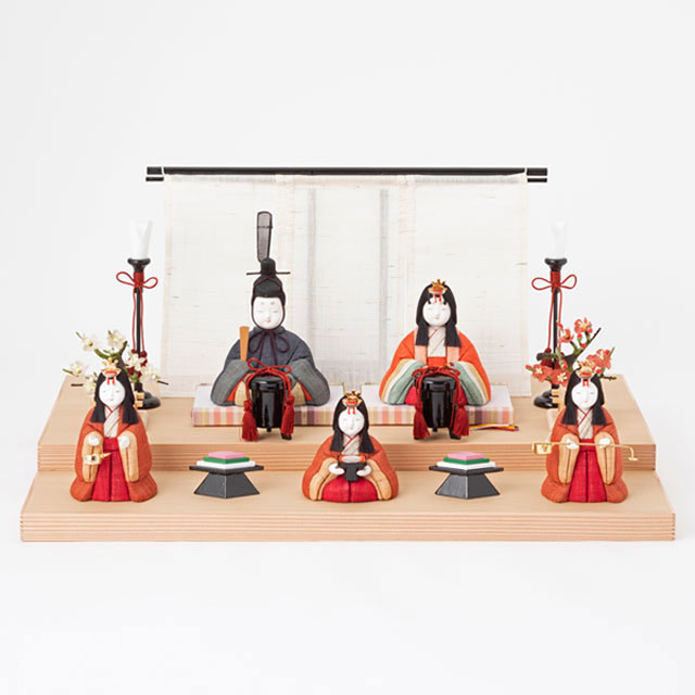 【予約商品】手織り麻の木目込み雛飾り　五人飾り　背景（几帳）・素木台