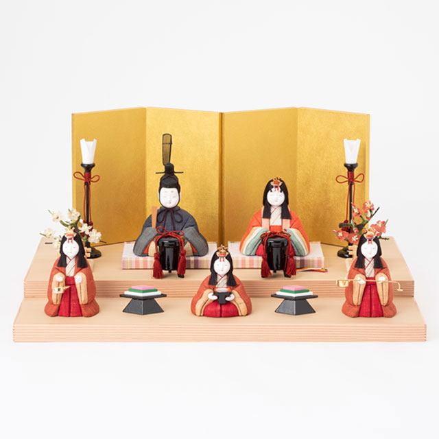 【予約商品】手織り麻の木目込み雛飾り　五人飾り　背景（屏風）・素木台