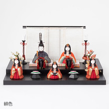 【予約商品】手織り麻の木目込み雛飾り　五人飾り　背景（几帳）・塗り台