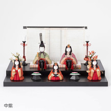 【予約商品】手織り麻の木目込み雛飾り　五人飾り　背景（几帳）・塗り台