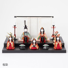 【予約商品】手織り麻の木目込み雛飾り　五人飾り　背景（几帳）・塗り台