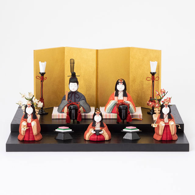 【予約商品】手織り麻の木目込み雛飾り　五人飾り　背景（屏風）・塗り台