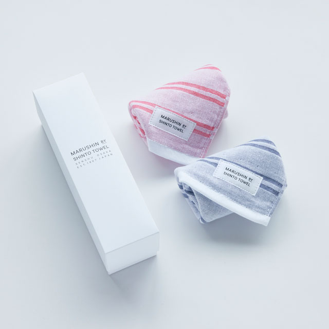 MARUSHIN BY SHINTO TOWEL シマ　ハンドタオル２枚　箱入り 色地・レッド／フォレスト ﾊﾝﾄﾞﾀｵﾙ2枚