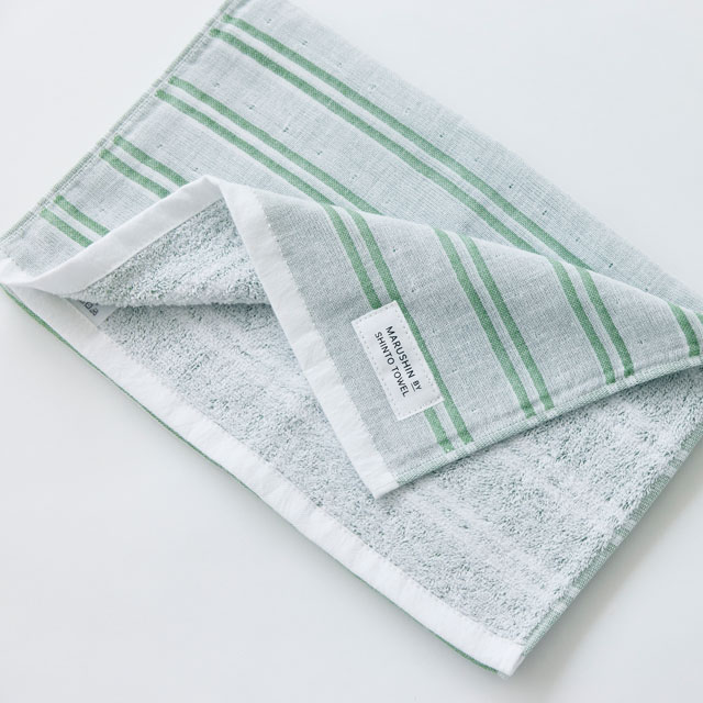 MARUSHIN BY SHINTO TOWEL シマ　ハンドタオル２枚　箱入り 色地・レッド／フォレスト ﾊﾝﾄﾞﾀｵﾙ2枚