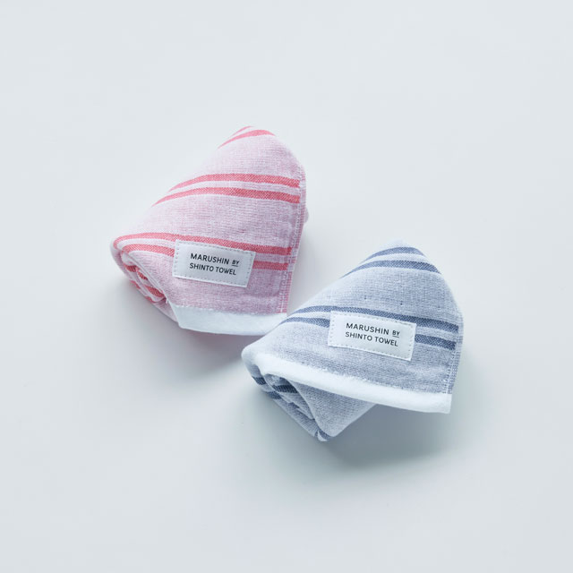 MARUSHIN BY SHINTO TOWEL シマ　ハンドタオル２枚　箱入り 色地・レッド／フォレスト ﾊﾝﾄﾞﾀｵﾙ2枚