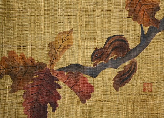 花鳥画　十一月「柏と縞栗鼠（シマリス）」