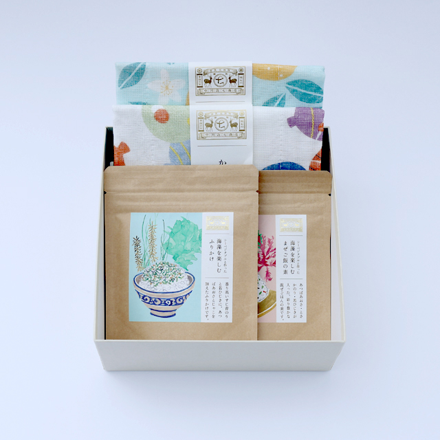 海藻を楽しむふりかけ2種と夏らしいふきんのセット