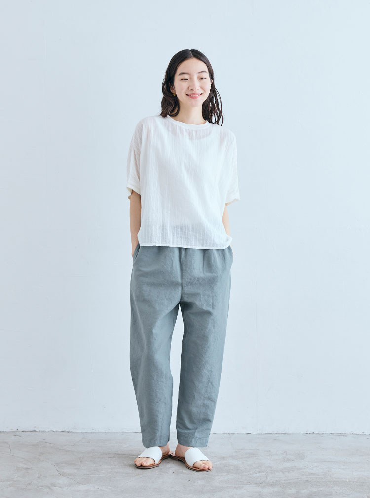 播州織の高密度に織った綿麻のパンツ コーディネートイメージ