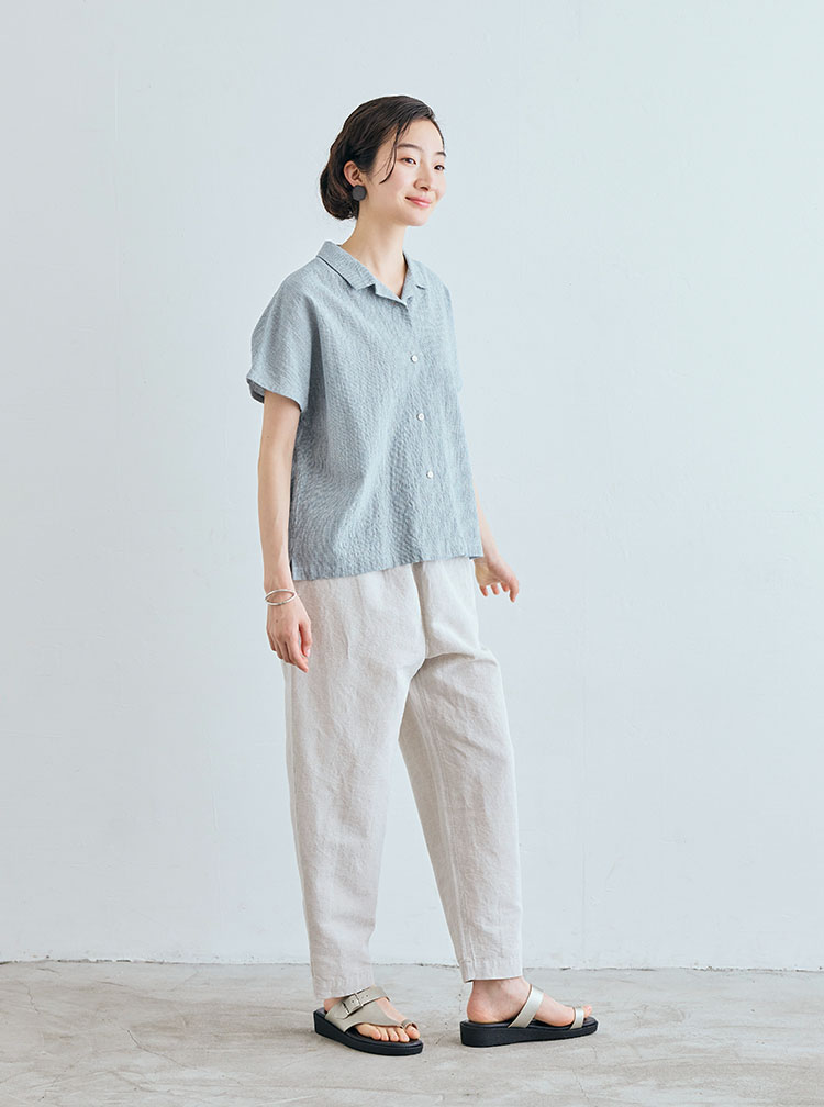 播州織の高密度に織った綿麻のパンツ コーディネートイメージ