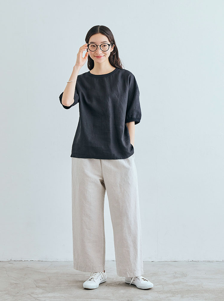 播州織の高密度に織った綿麻のパンツ コーディネートイメージ