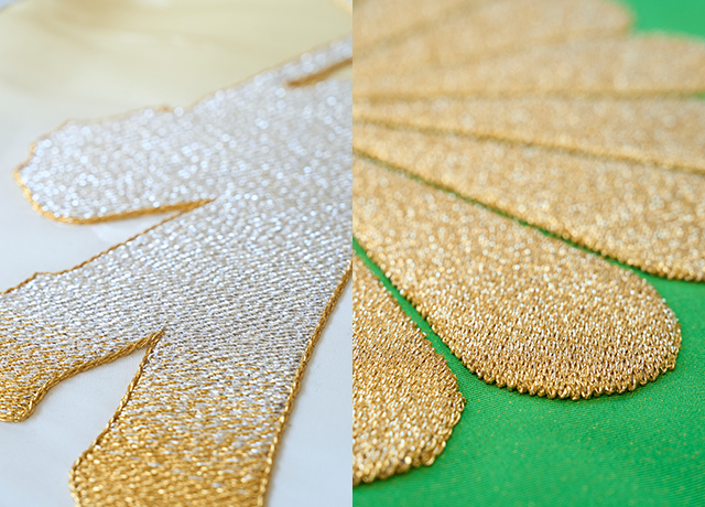 刺繍一つとっても様々な仕上げ方がある。左は金銀のグラデーションに縁取りをしたもの、右は中に綿を入れて厚みを出したもの。