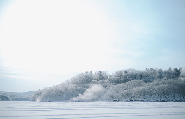 雪、天、木々。阿寒湖の自然を映す布