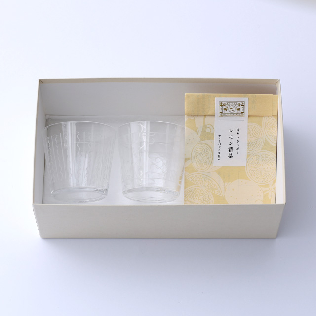 硝子の猪口カップ 縞々・菊花 / レモン番茶 小袋
