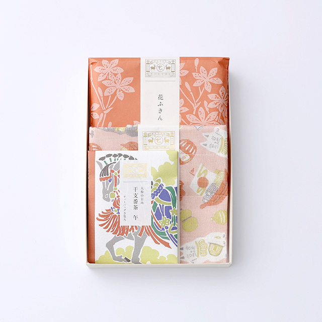 干支番茶と、かや織ふきん2枚のセット