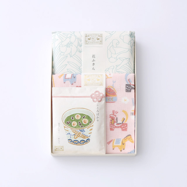 抹茶のごあいさつしるこ、2種のふきんのセット