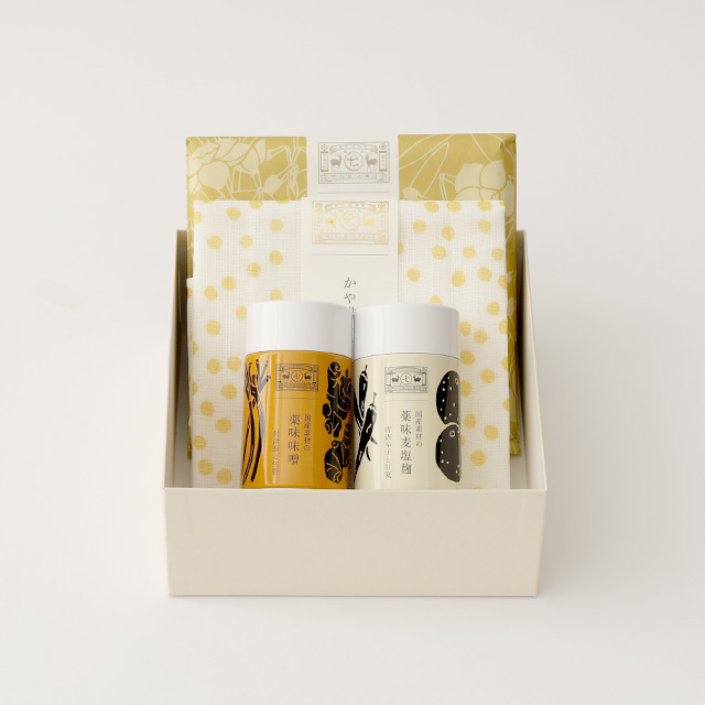 国産素材の薬味味噌・国産素材の薬味麦塩麹・「彩り豊かな」花ふきん 水仙・かや織ふきん あられ黄