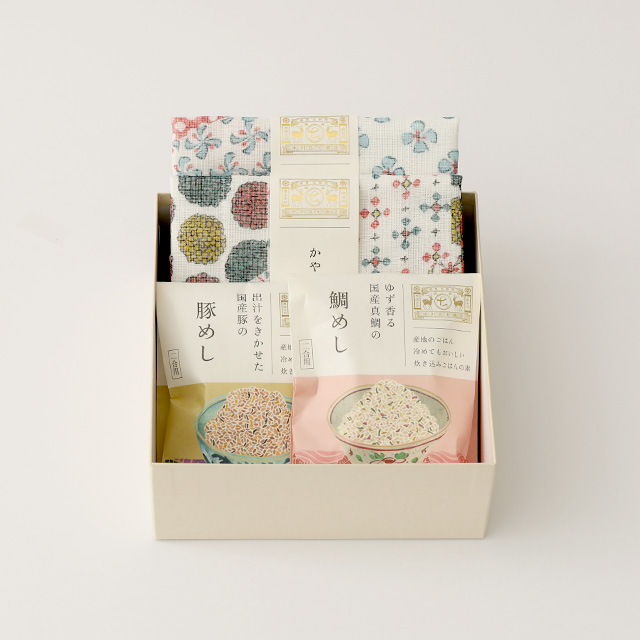 炊き込みごはんの素 鯛めし/豚めし・かや織ふきん 柄あわせ 三彩/藍