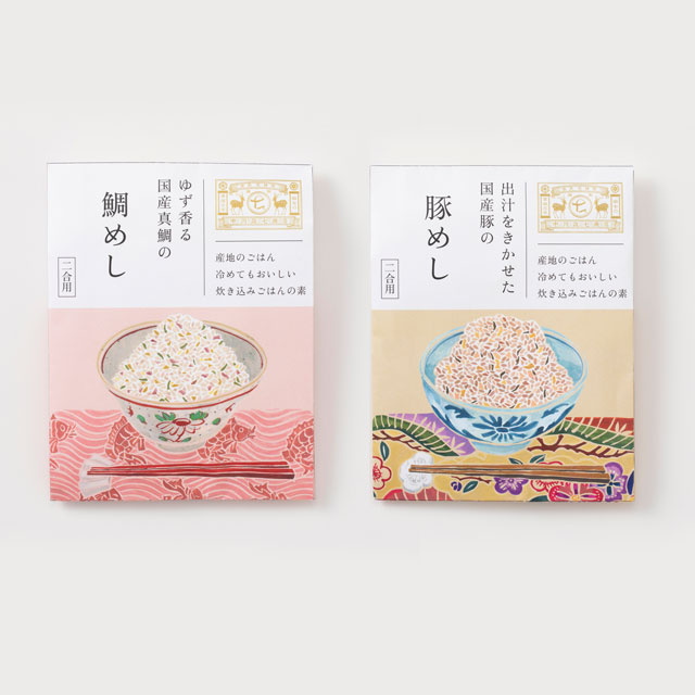 炊き込みごはんの素 鯛めし/豚めし・かや織ふきん 柄あわせ 三彩/藍