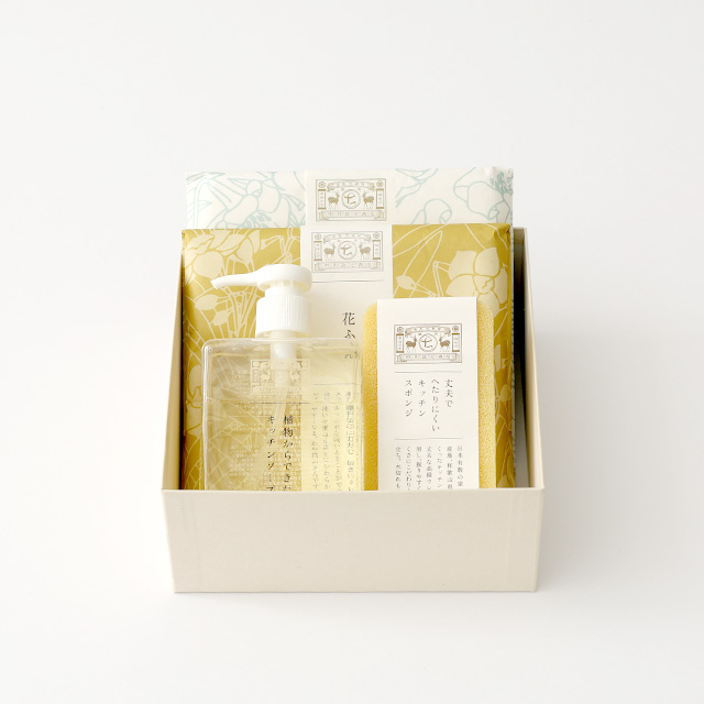 植物からできたキッチンソープ 角ボトル・丈夫でへたりにくいキッチンスポンジ・「彩り豊かな」花ふきん