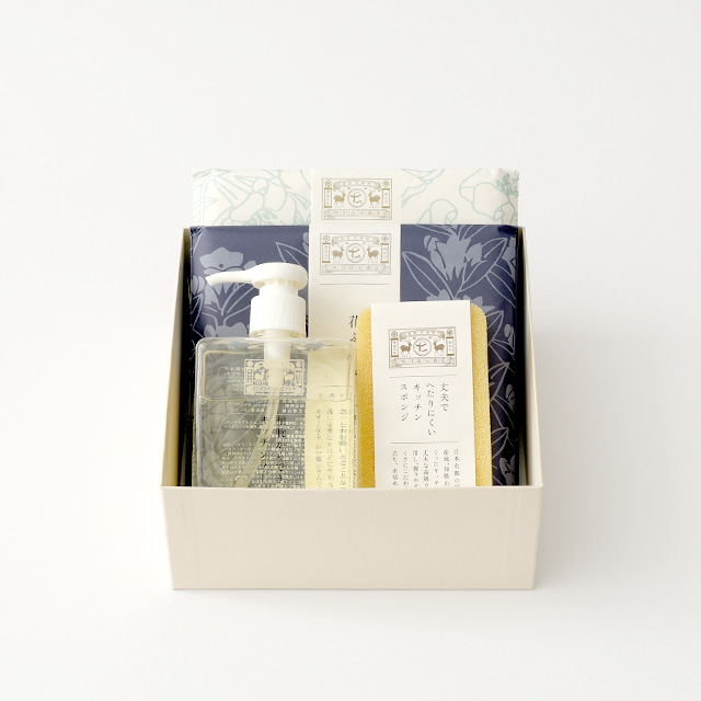 植物からできたキッチンソープ 角ボトル・丈夫でへたりにくいキッチンスポンジ・「彩り豊かな」花ふきん