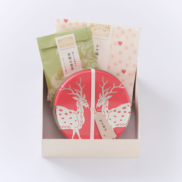 吹き寄せ 花／かや織ふきん　ハート／番茶 小袋  春摘み番茶