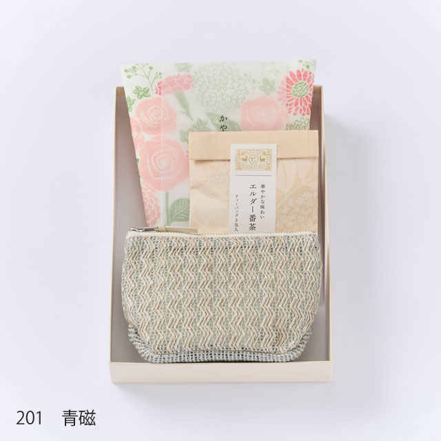 ラッセル編み舟形ポーチ／かや織ふきん　花束／番茶 小袋 エルダー番茶(NR2)