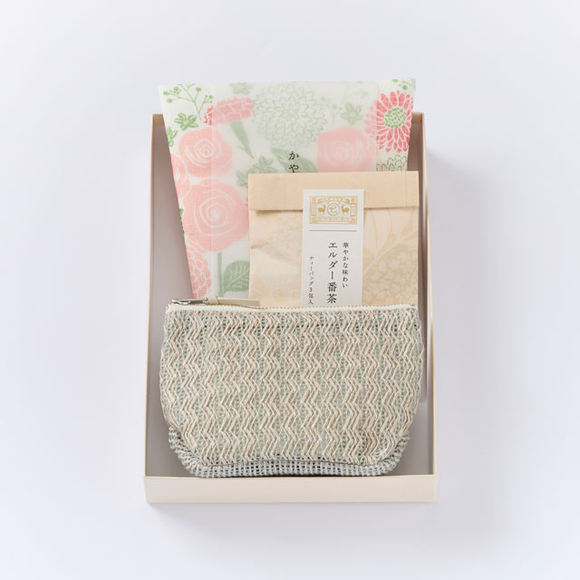 ラッセル編み舟形ポーチ／かや織ふきん　花束／番茶 小袋 エルダー番茶(NR2)