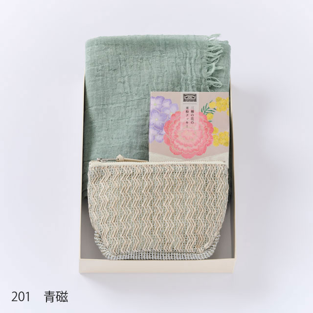 ラッセル編み舟形ポーチ／ふんわり首まきてぬぐい／三種の花の米粉クッキー(NR2)