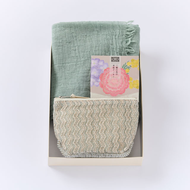 ラッセル編み舟形ポーチ／ふんわり首まきてぬぐい／三種の花の米粉クッキー(NR2)