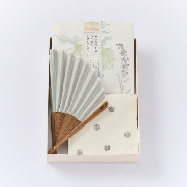 ホタテ形扇子 モール糸ドビー／タオルハンカチ　マンガン染／植物の香りのひんやりリフレッシュシート（NR2）