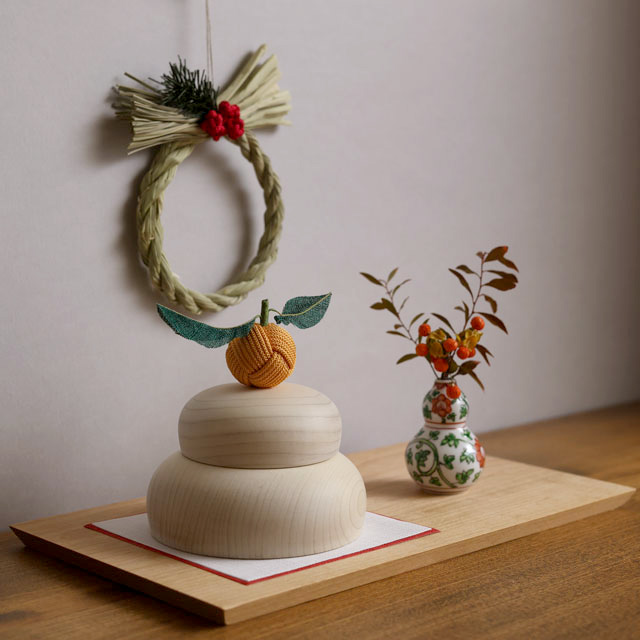 【WEB限定】お正月飾りセットC　小さな注連縄飾り　輪飾り・鏡餅　中・辻与製陶所 涙壺 赤絵　瓢箪型